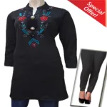 Black Nehru Collar Multicolor Flower Work Woolen Kurti with Warm Legging Special Offer