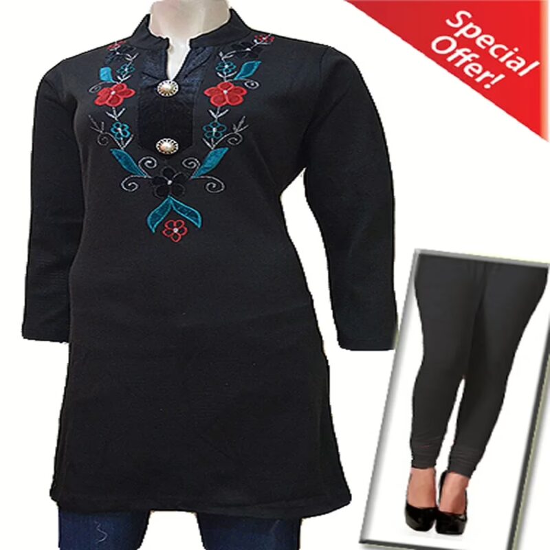 Black Nehru Collar Multicolor Flower Work Woolen Kurti with Warm Legging Special Offer