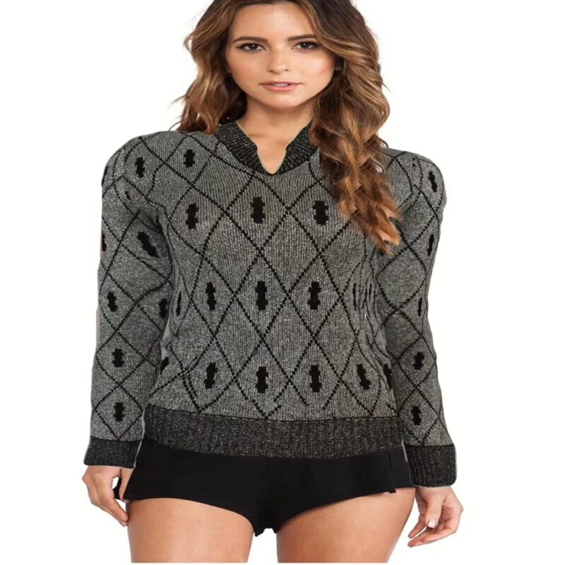 Black & Silver Women V Neck Sparkling Sweater