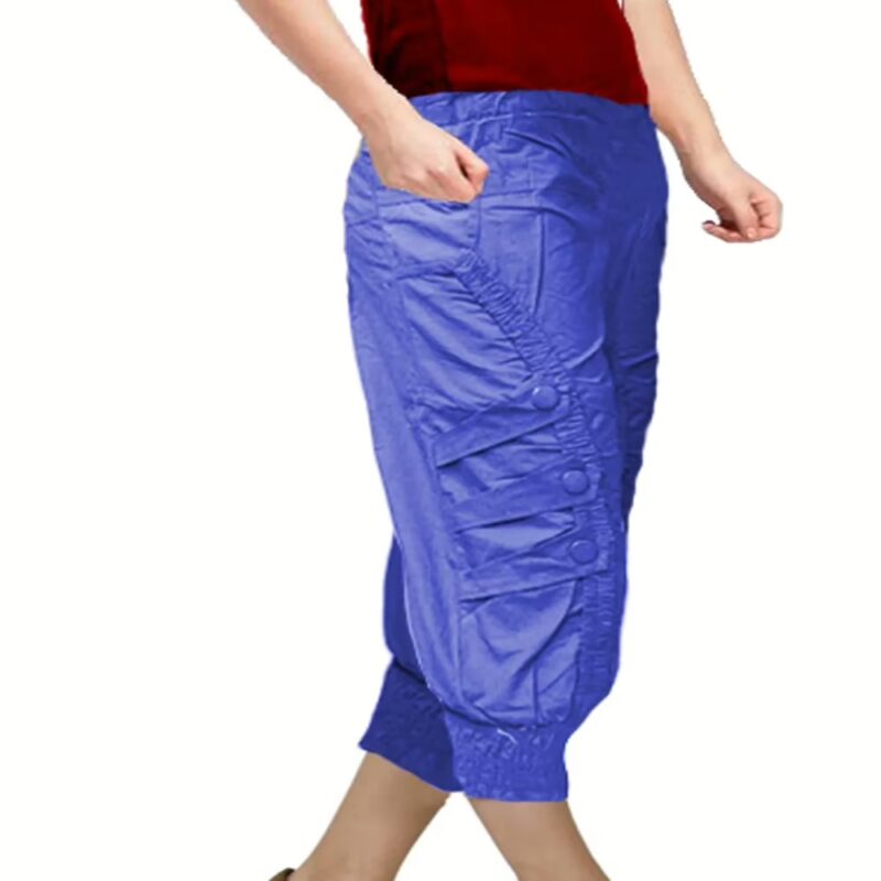 Blue Front Patch Button Design Elastic Bottom Capri