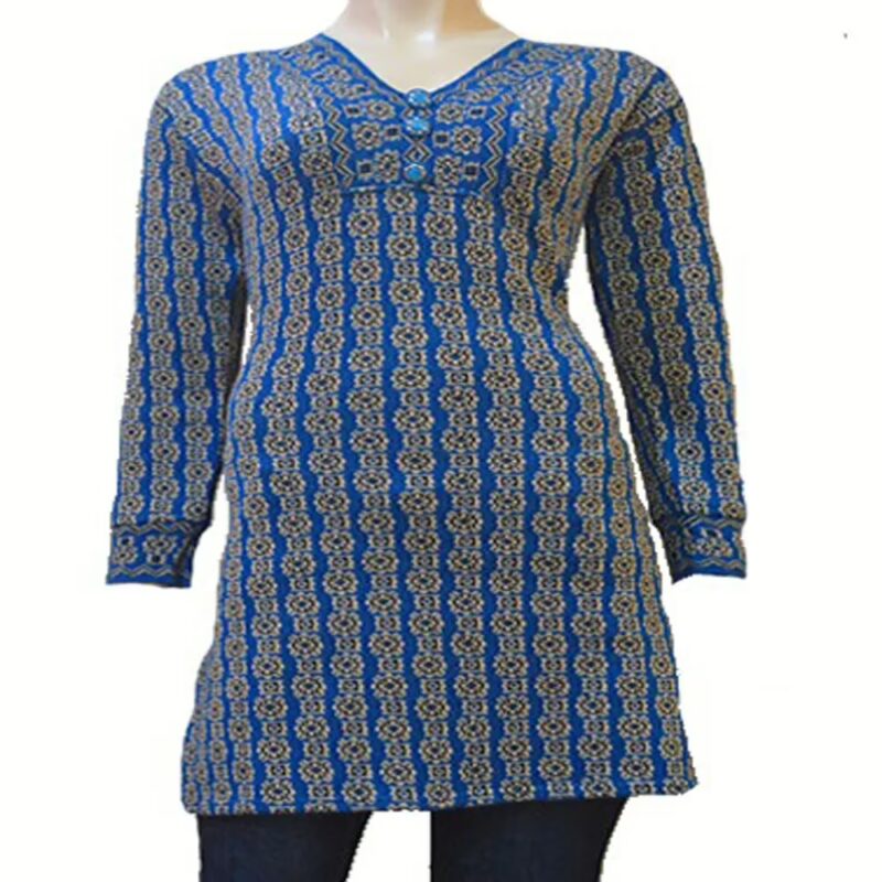 Blue Printed Buttoned Placket Woolen Kurti