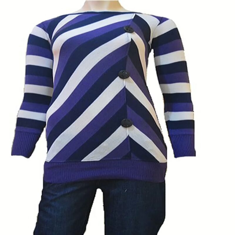 Blue White Purple Striped Buttoned Woolen Long Top