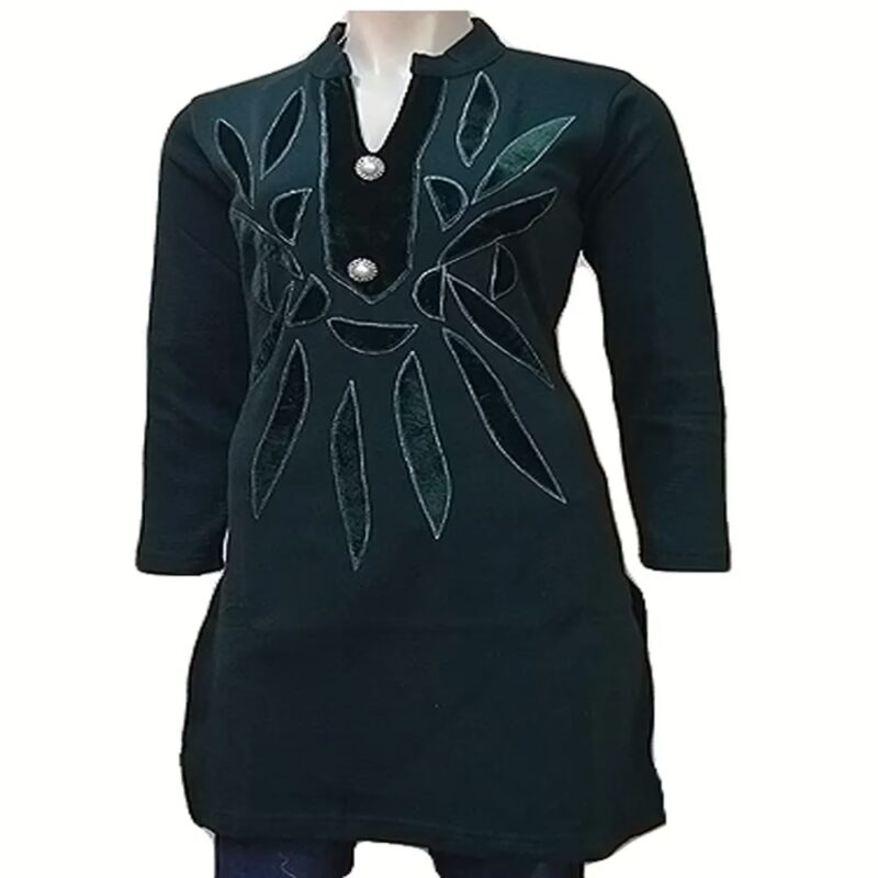 Bottle Green Velvet Applique Woolen Kurti