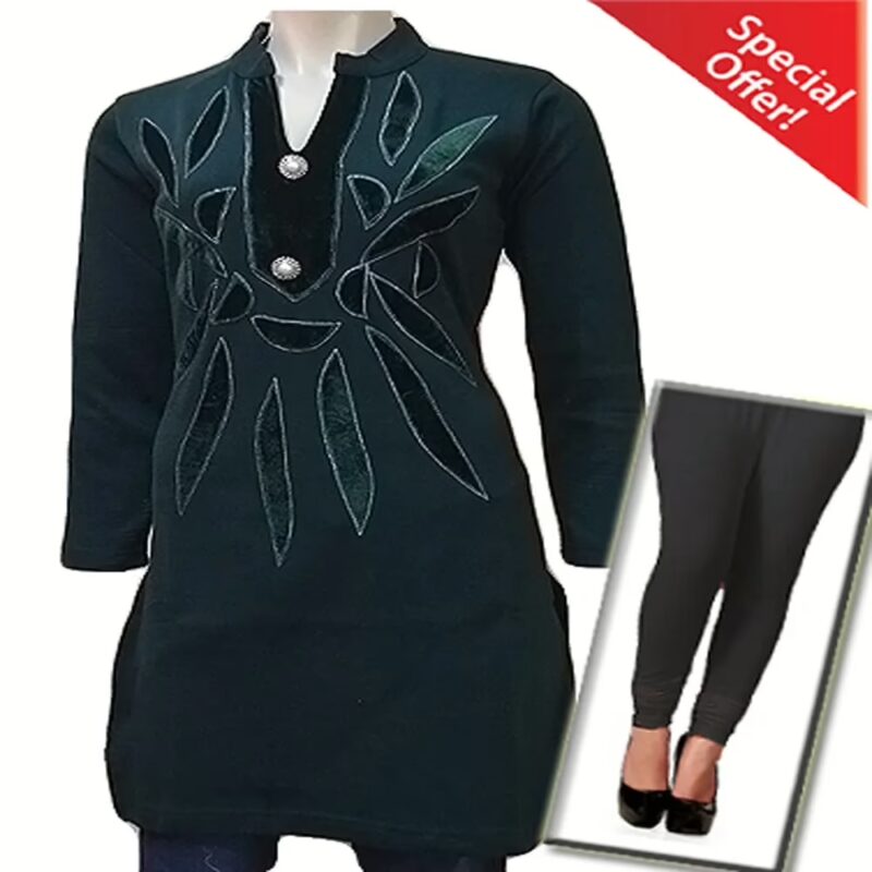 Bottle Green Velvet Applique Woolen Kurti with Warm Legging Special Offer