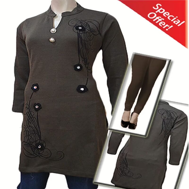 Brown Flower Applique Buttoned Placket Woolen Kurti with Warm Legging Special Offer