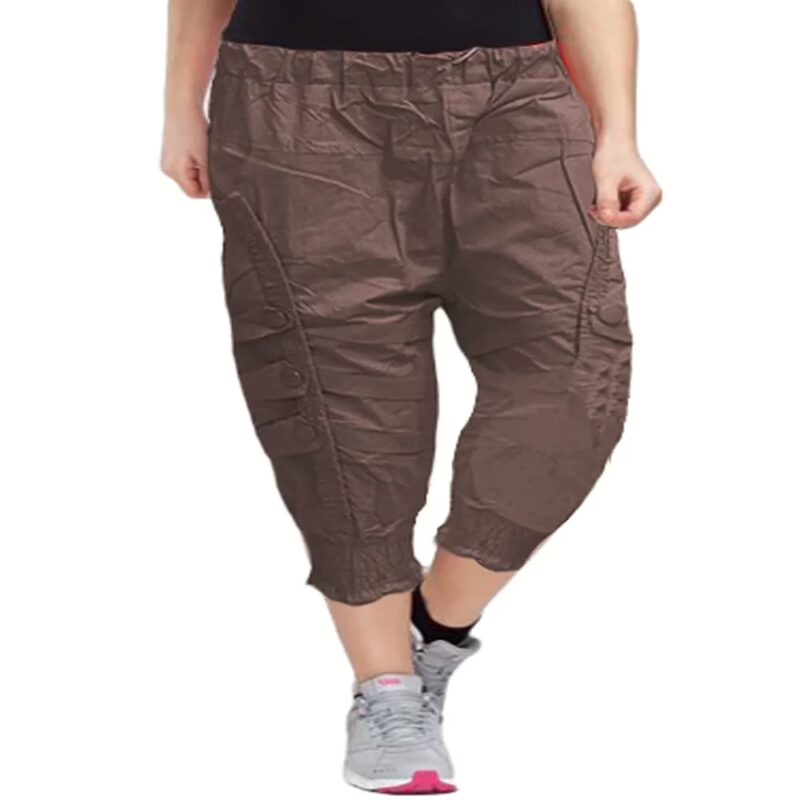 Brown Front Patch Button Design Elastic Bottom Capri
