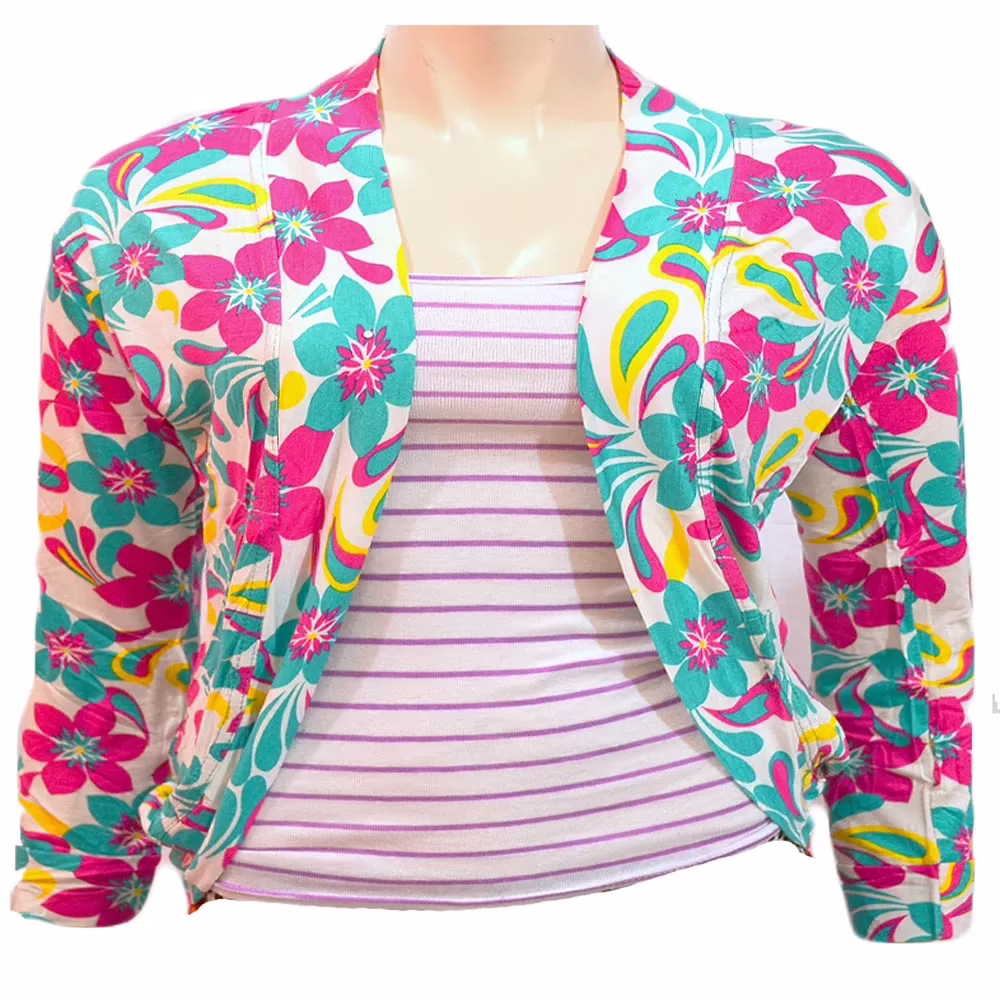 Chic Pink Aqua Floral White Full Sleeves Shrug -Size L-XL