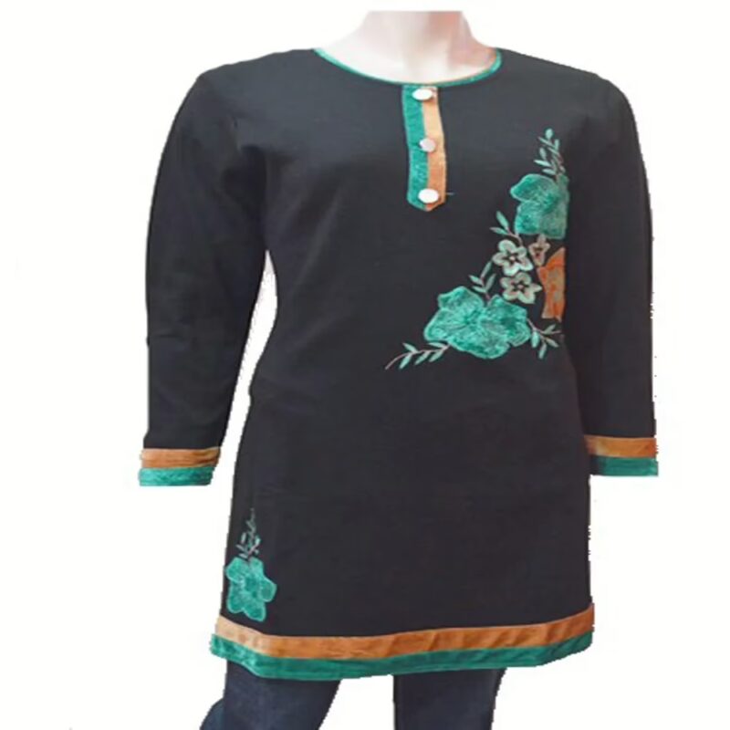 Classy Black Woolen Kurti with Green-Golden Colour Velvet Work