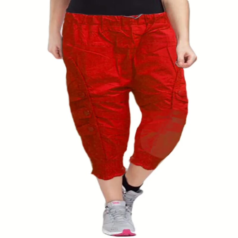 Comfort Red Front Patch Button Design Elastic Bottom Capri