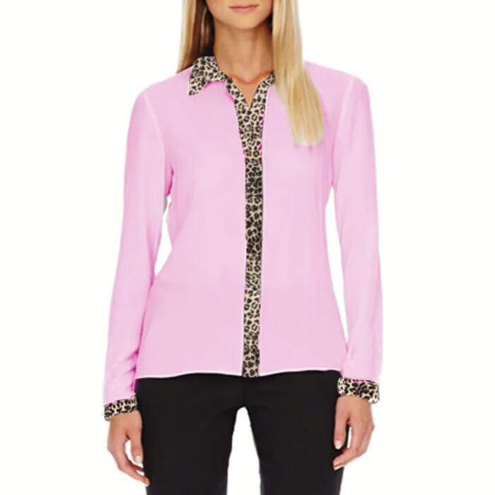 Contrast Animal Print Panel & Cuffs Sheer Chiffon Shirt