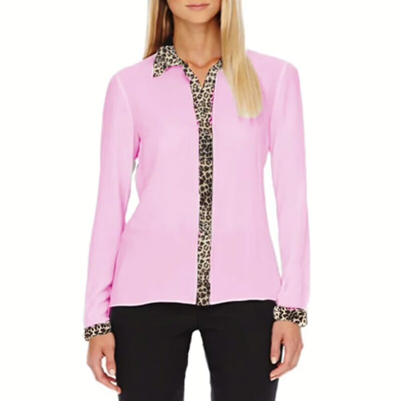 Contrast Animal Print Panel & Cuffs Sheer Chiffon Shirt