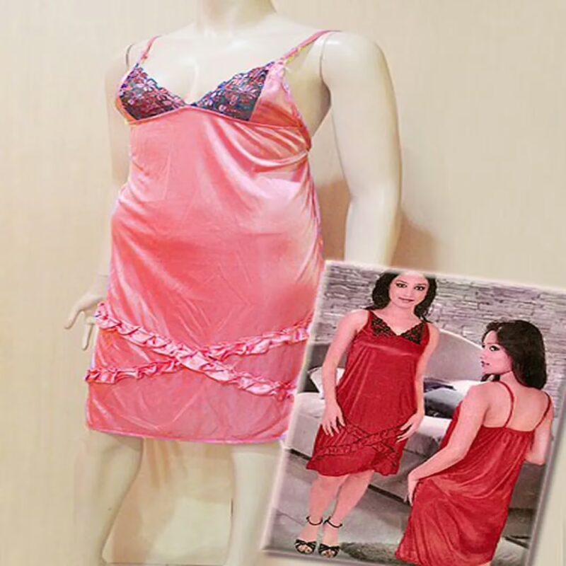 Coral Frill Design Strap Shoulder Knee Length Nighty