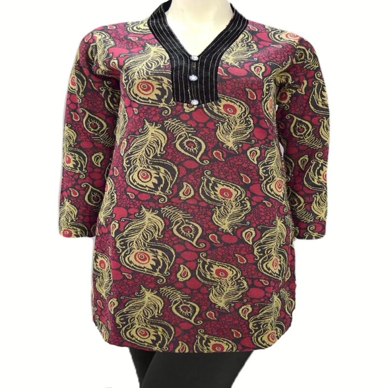 Coral Printed Black Velvet High Collar Buttoned Placket Woolen Kurti