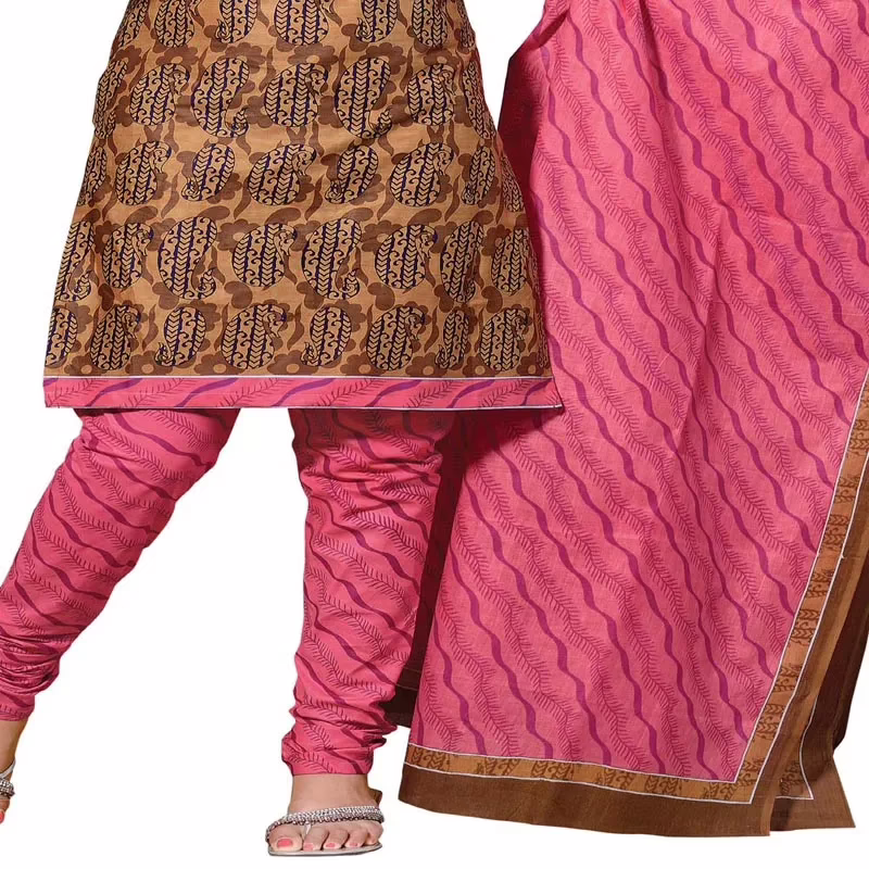 Cotton Bazaar Coffee & Light Pink Pure Cotton Un-Stitched Salwar Suit - Image 3