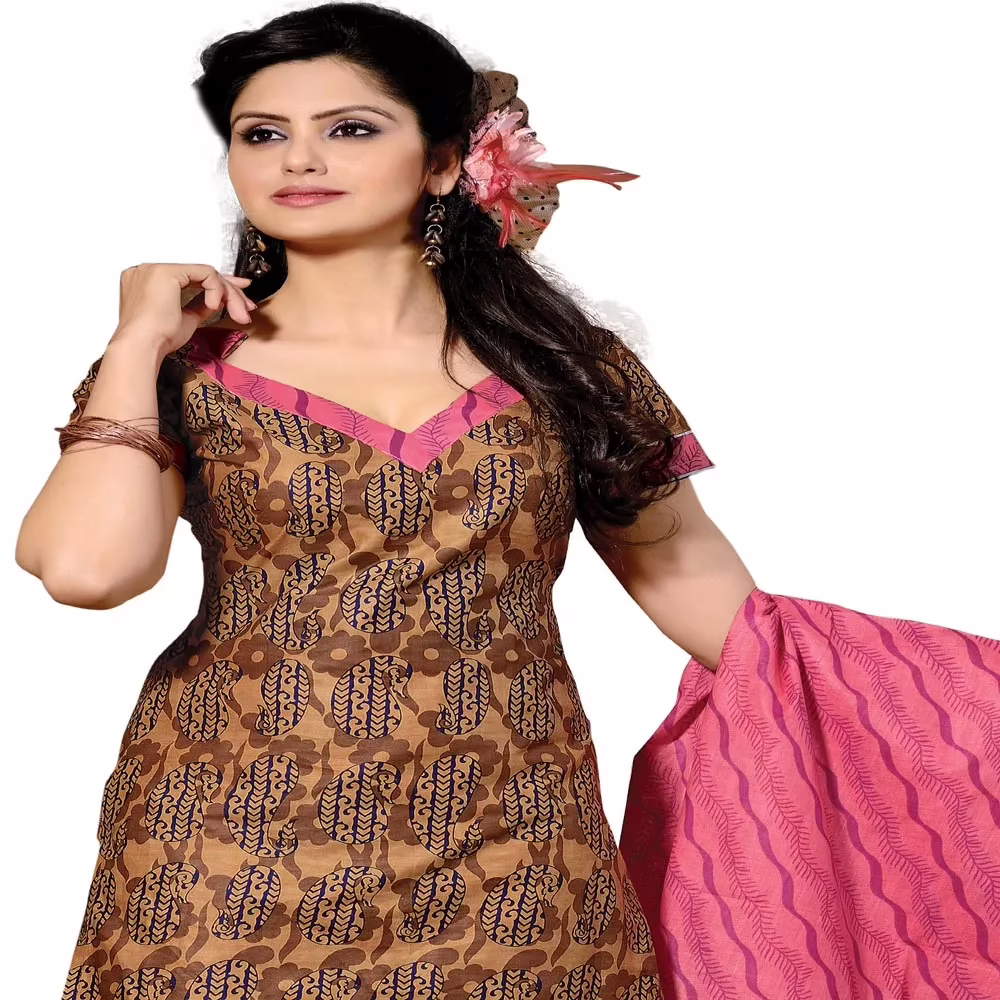 Cotton Bazaar Coffee & Light Pink Pure Cotton Un-Stitched Salwar Suit - Image 2