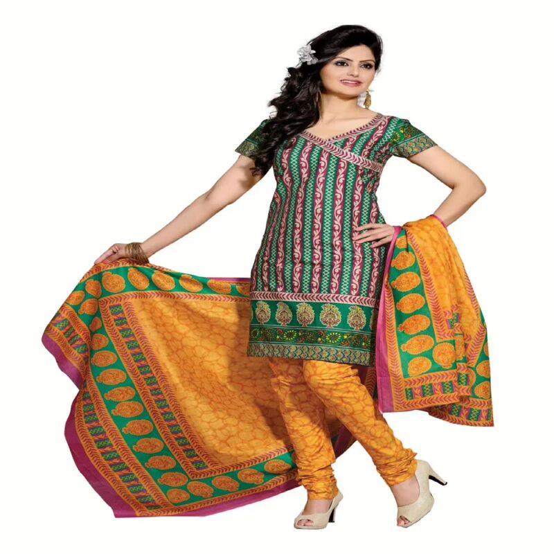 Cotton Bazaar Green & Orange Pure Cotton Unstitched Salwar Suit