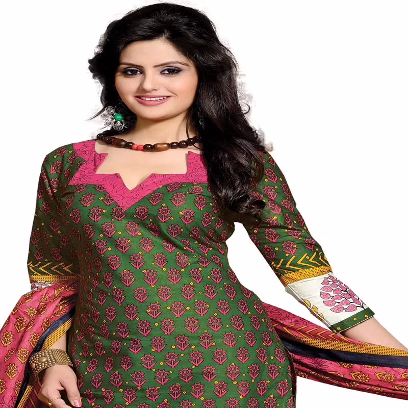 Cotton Bazaar Green & Pink Pure Cotton Un-Stitched Salwar Suit - Image 3