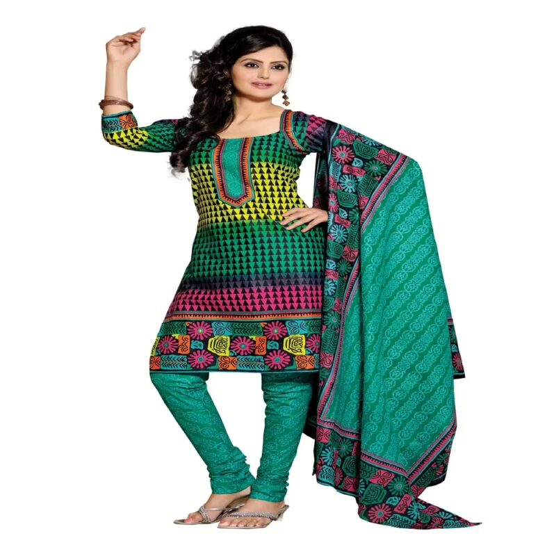Cotton Bazaar Green & Sky Blue Pure Cotton Un-Stitched Salwar Suit
