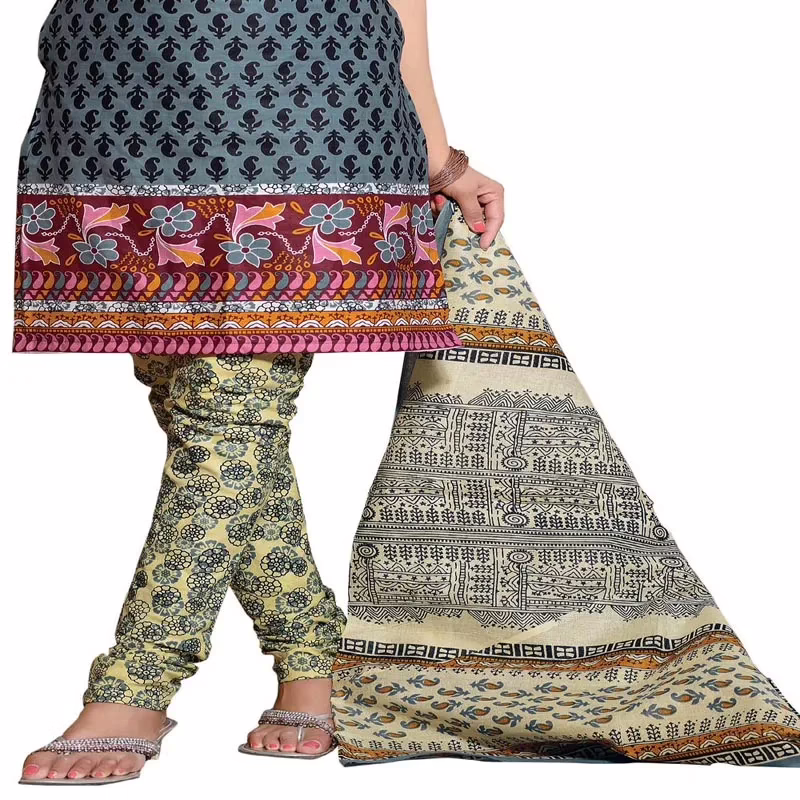 Cotton Bazaar Grey & Light Yellow Pure Cotton Un-Stitched Salwar Suit - Image 2