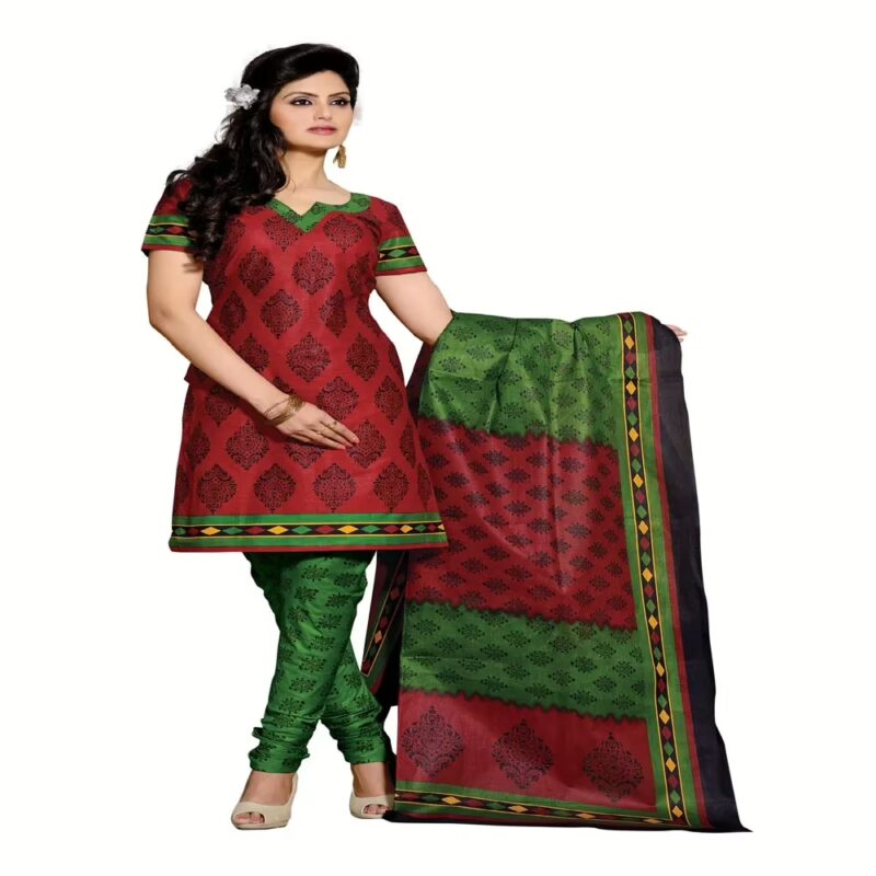 Cotton Bazaar Maroon & Green Pure Cotton Un-Stitched Salwar Suit