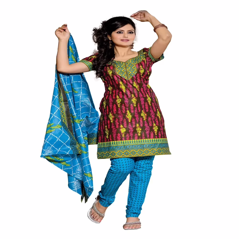 Cotton Bazaar Olive Green & Sky Blue Pure Cotton Un-Stitched Salwar Suit