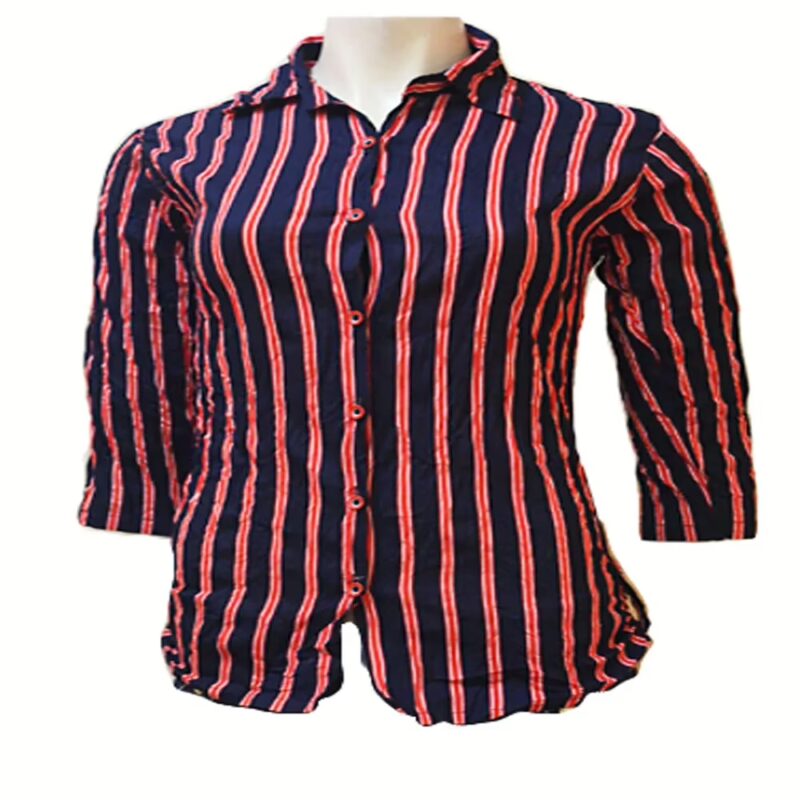 Cotton Black Front Button Down Double Stripes Wrinkle Shirt