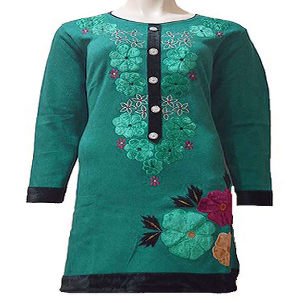 Dark Green Full Sleeves Velvet Work Woolen Kurti
