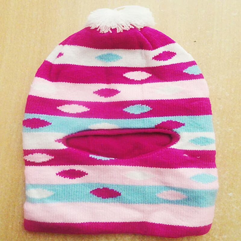 Dark Pink Sky Blue White Ribbed Woolen Monkey Cap