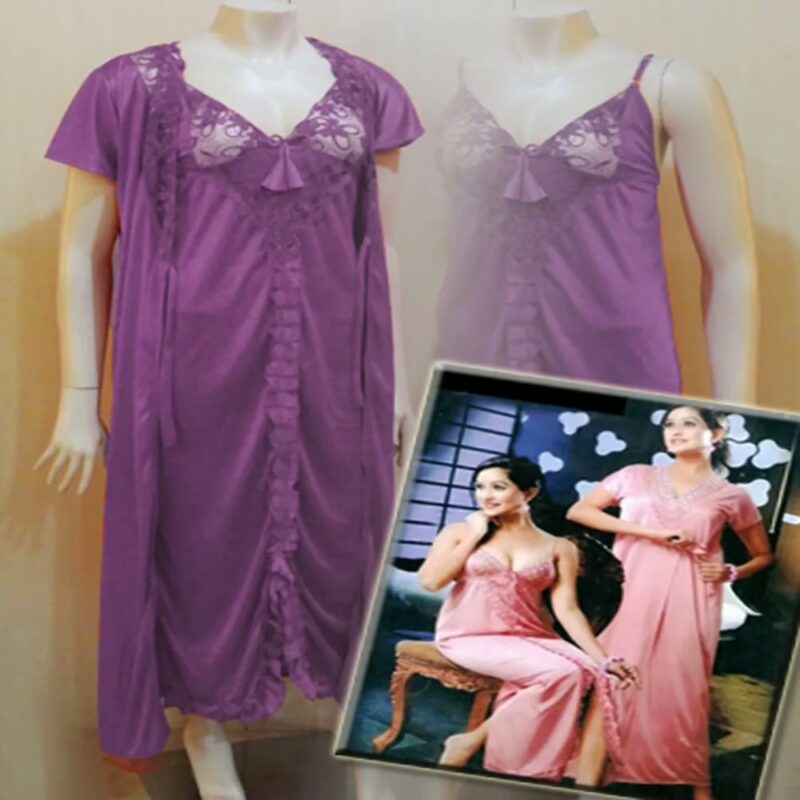 Dark Purple Front Frill Design 2 Piece Lacy Long Nighty Robe Set