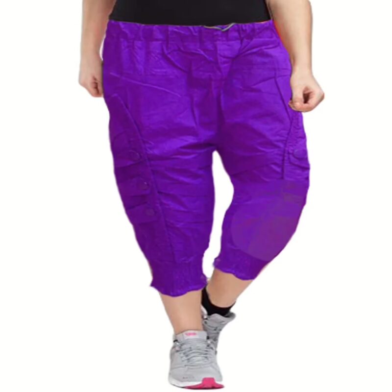 Dark Purple Front Patch Button Design Elastic Bottom Capri