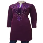 Dark Purple Velvet Work Buttoned Placket Full Sleeves Woolen Kurti