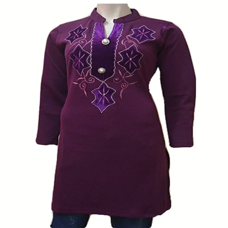 Dark Purple Velvet Work Buttoned Placket Full Sleeves Woolen Kurti