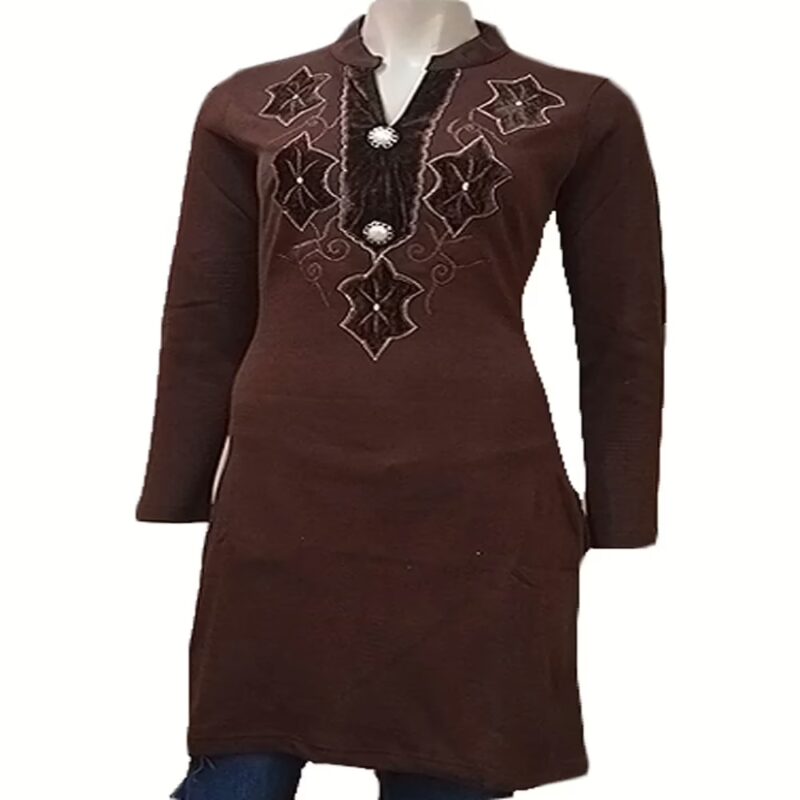 Designer Brown Velvet Work Buttoned Placket Full Sleeves Woolen Kurti