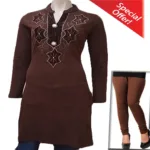 Designer Brown Velvet Work Buttoned Placket Full Sleeves Woolen Kurti With Winter Legging Special Offer
