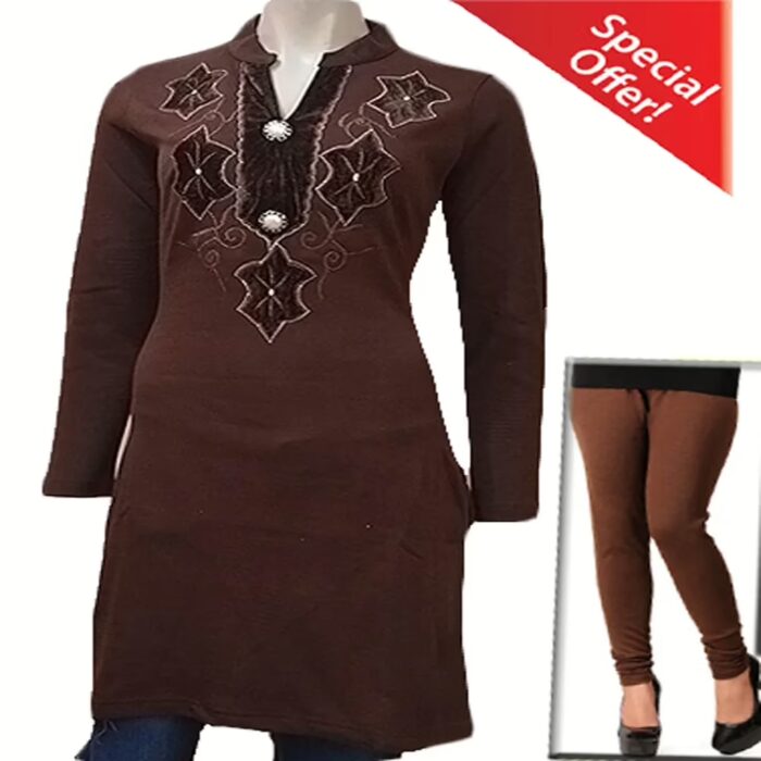 Designer Brown Velvet Work Buttoned Placket Full Sleeves Woolen Kurti With Winter Legging Special Offer