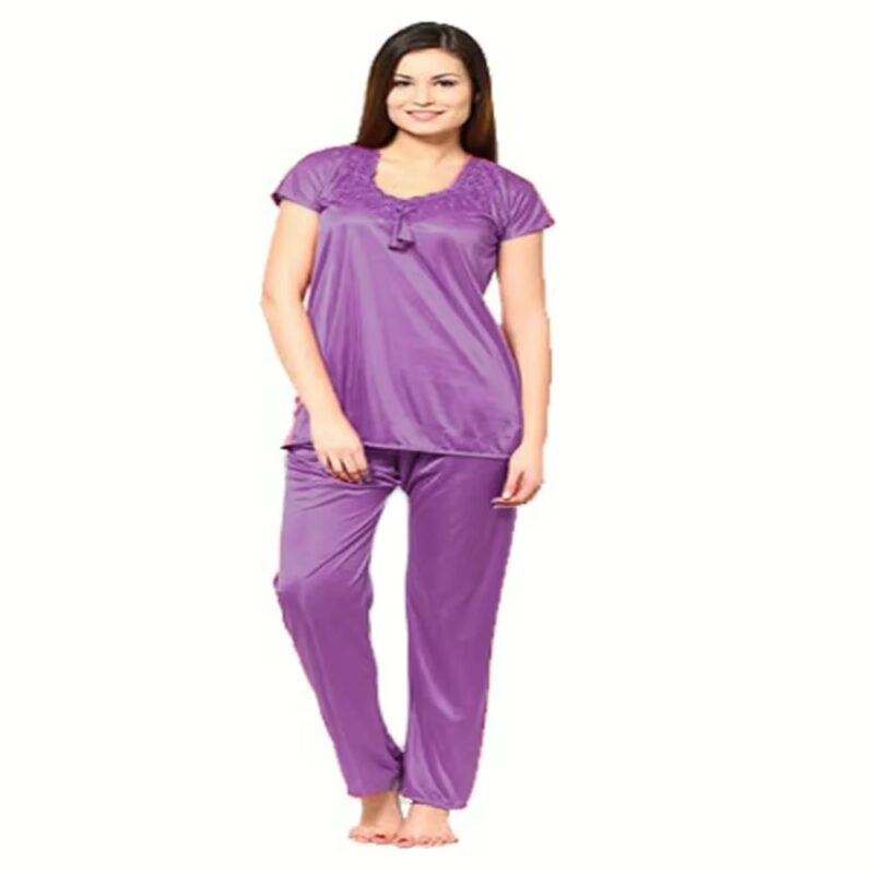 Dull Shade Purple Satin 2 PC Top Pajama Set Nightwear