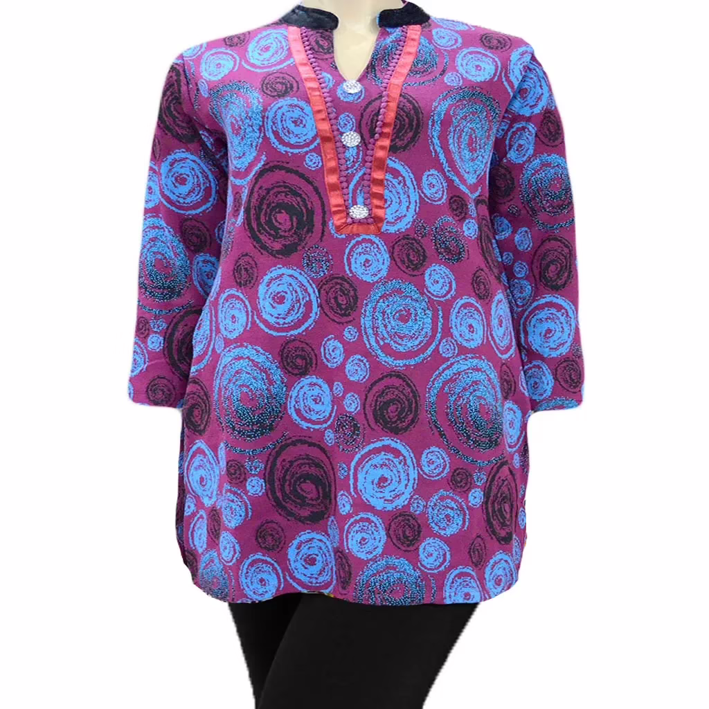 Enchanting Blue Printed Black Velvet Nehru Collar Burgundy Buttoned Placket Woolen Kurti