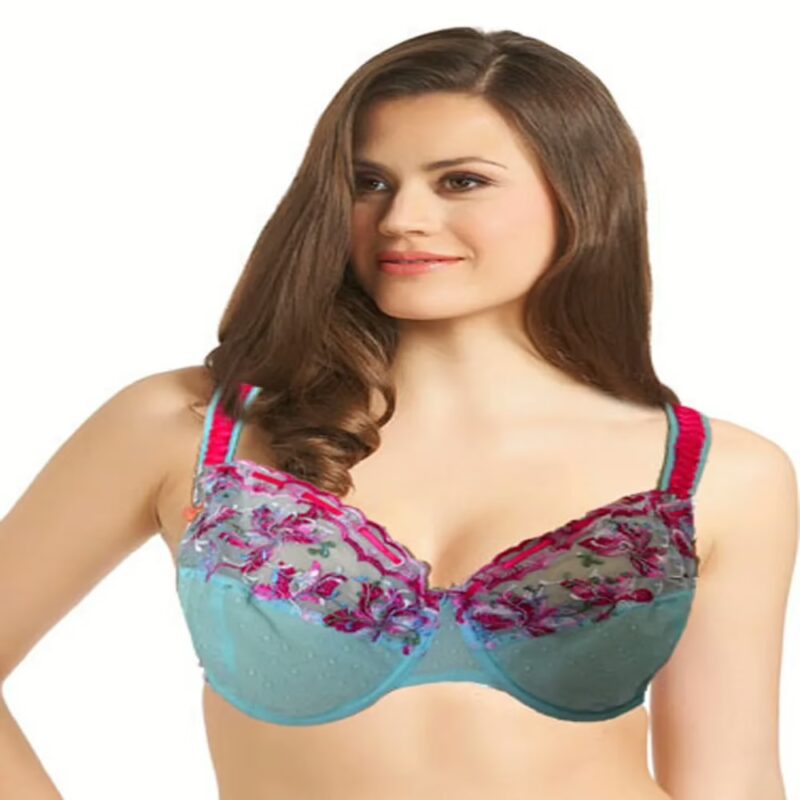 Exotic Sea Green Floral Design Wired Bra Free Size