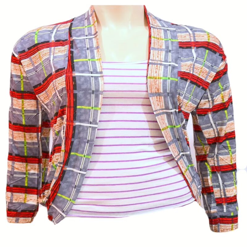 Fascinating Grey Red Check Full Sleeves Shrug -Size L-XL
