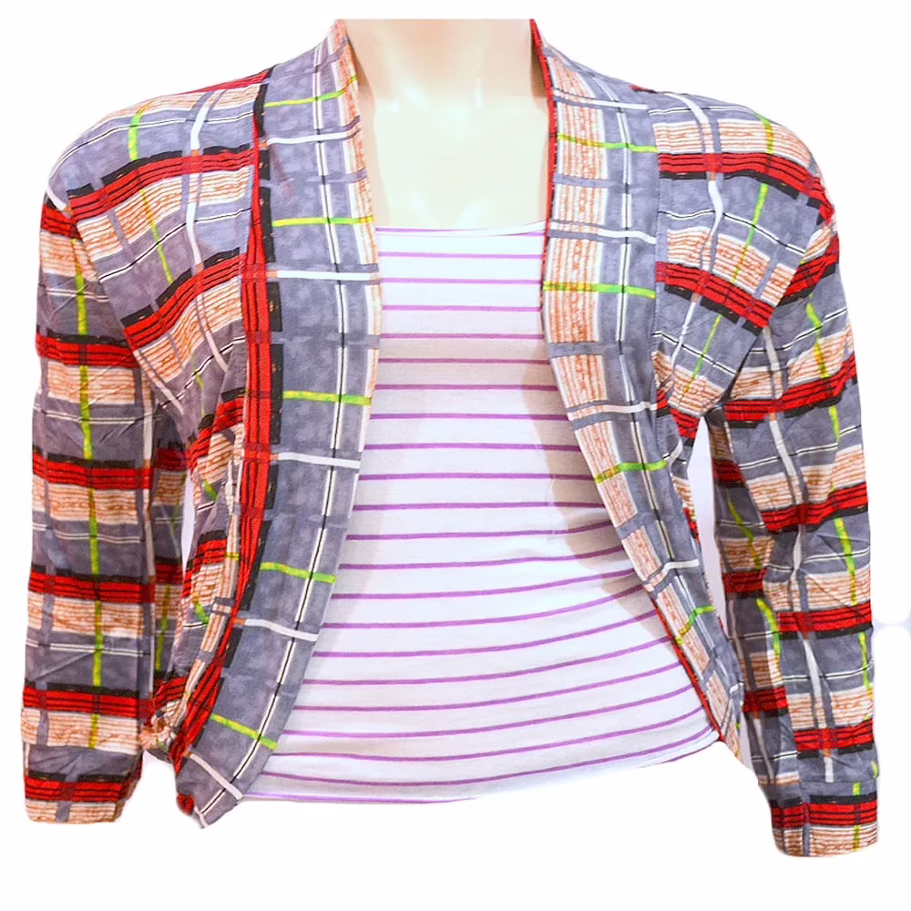 Fascinating Grey Red Check Full Sleeves Shrug -Size L-XL