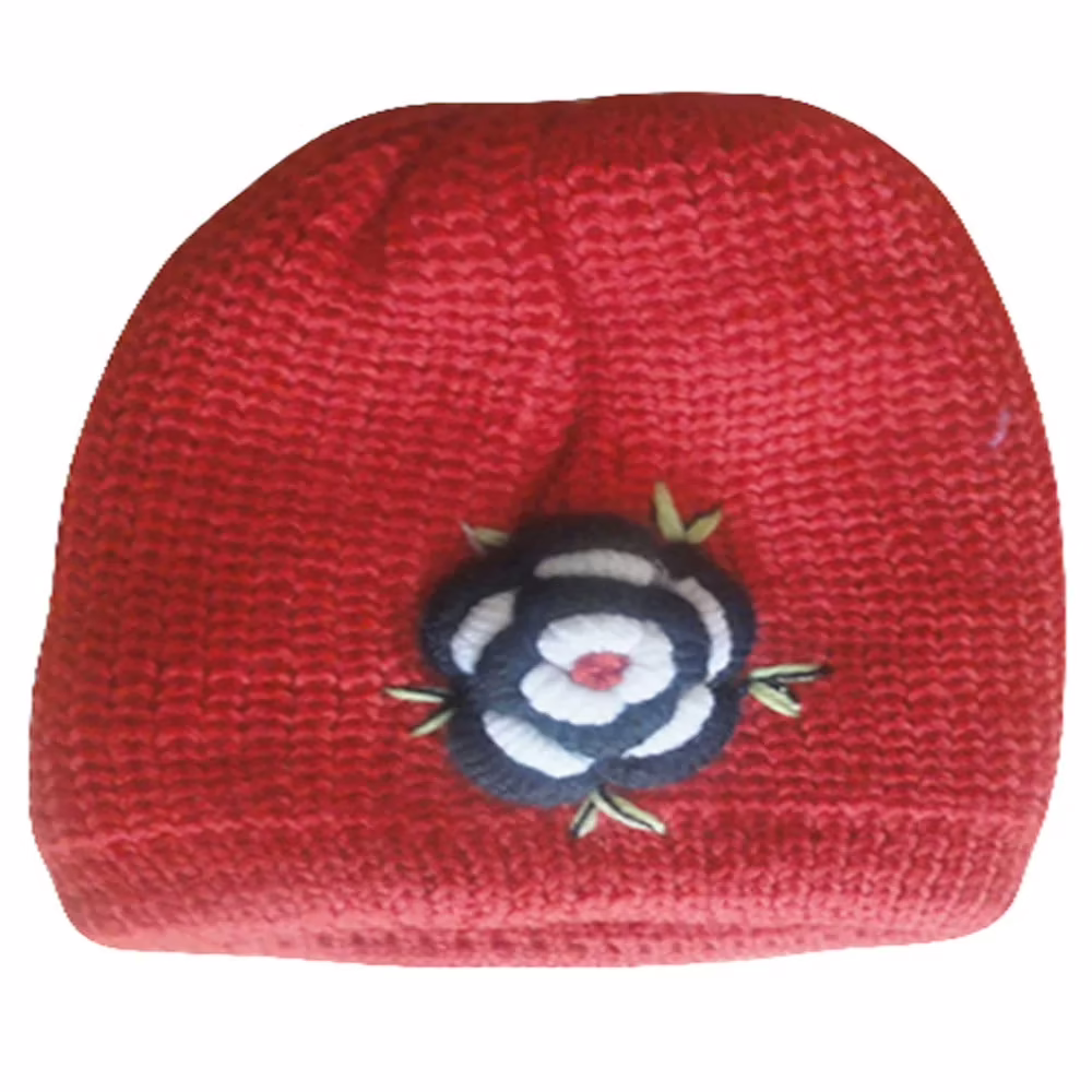 Flower Applique Red Woolen Baby Cap