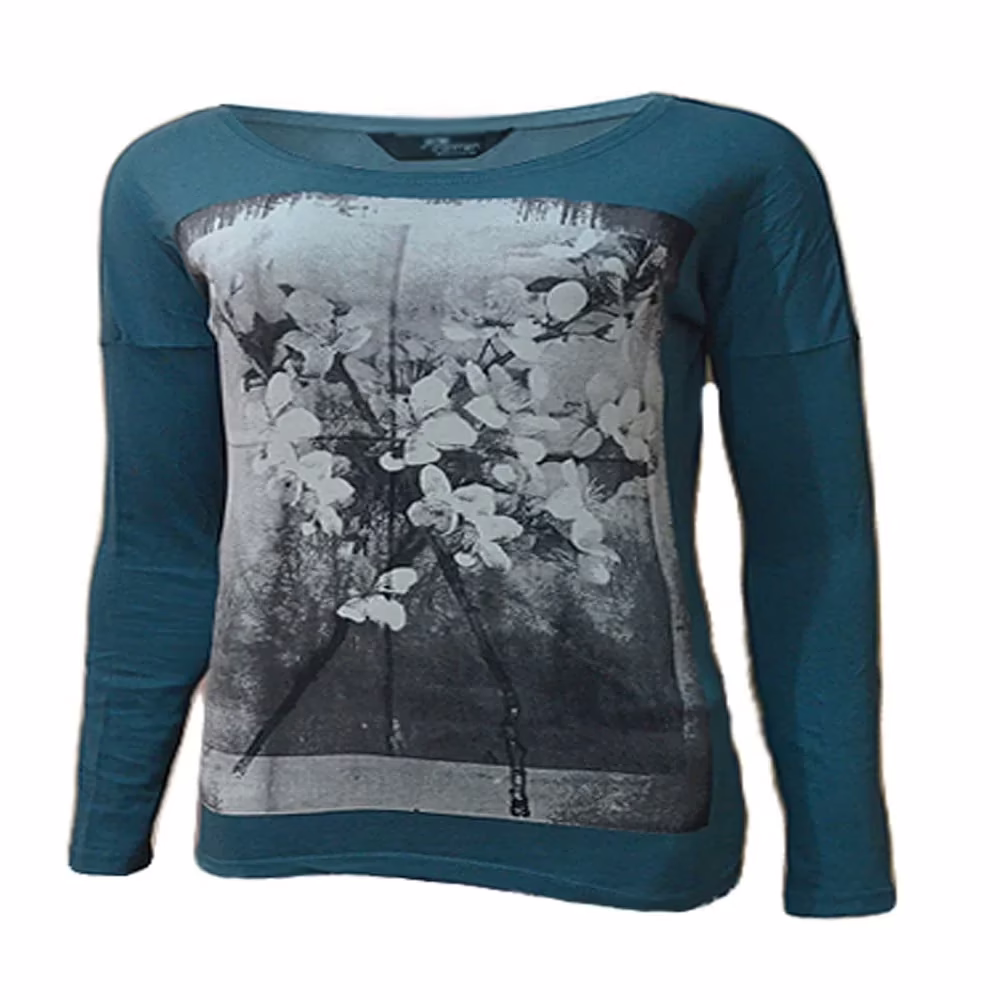 Gas Dark Green Floral Print Full Sleeves Scoop Neck Top