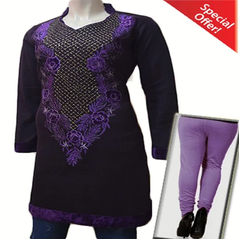 Golden Embroidery Purple Flower Applique Velvet Work Woolen Kurti with Warm Legging Special Offer