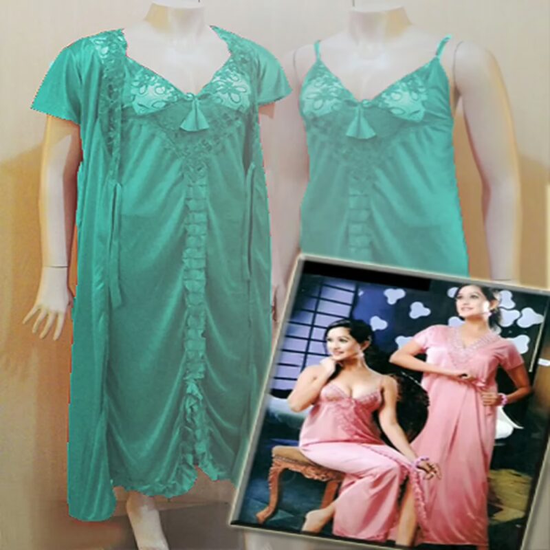 Green Front Frill 2 Piece Long Nighty Robe Set