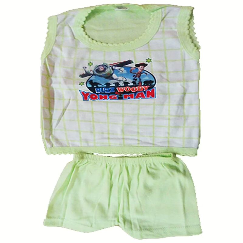 Green Newborn Sleeveless T-Shirt with Front Yonc Man Print and Short Set (0-6 Months)