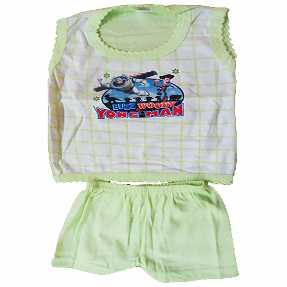 Green Newborn Sleeveless T-Shirt with Front Yonc Man Print and Short Set (0-6 Months)