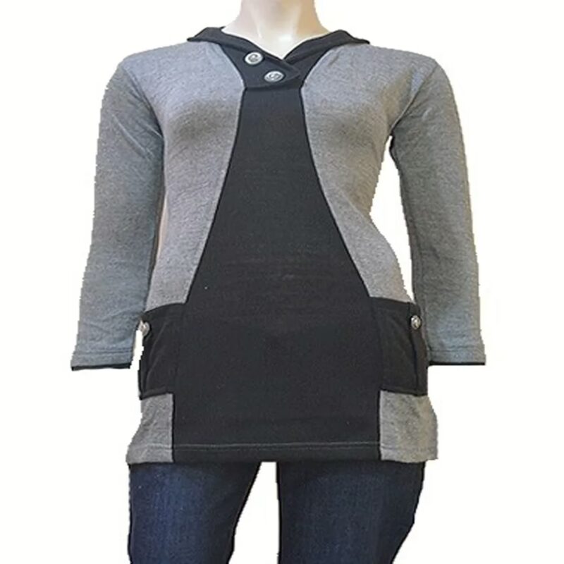 Grey Black Front Pocket Full Sleeves Woolen Long Top