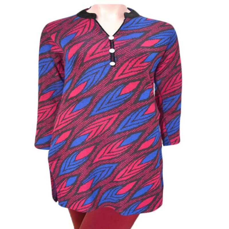 Hot Magenta Flower Appliqué Nehru Collar Buttoned Placket Woolen Kurti