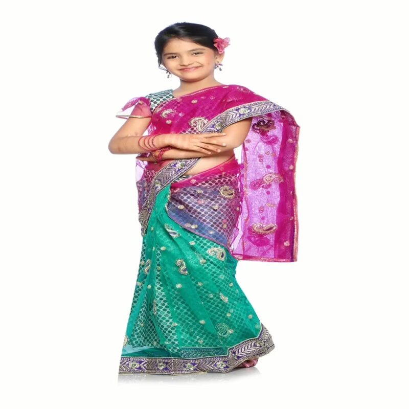 Bhartiya Paridhan -Net Pre Stitched Embroidered Laced Rama Green Rani Saree(2-11 Years)