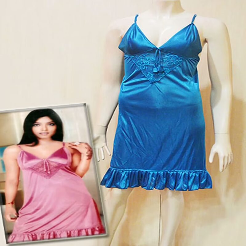 Knee Length Blue Satin Nighty